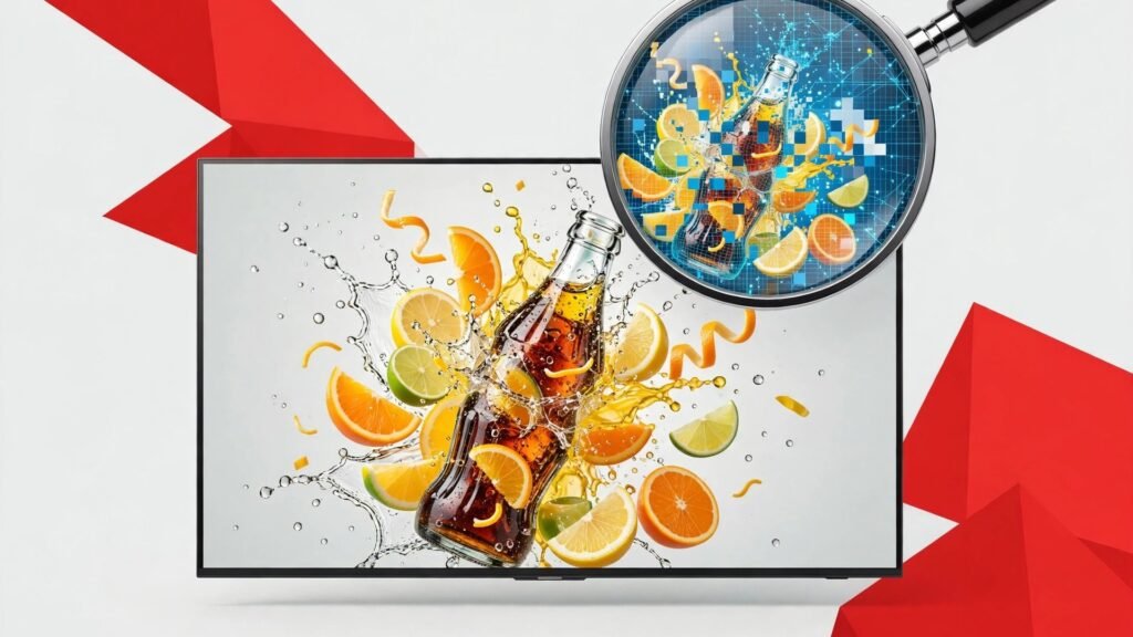 A TV showing a soda commercial under a magnifying glass revealing digital pixels, forensic inspection of an AI commercial