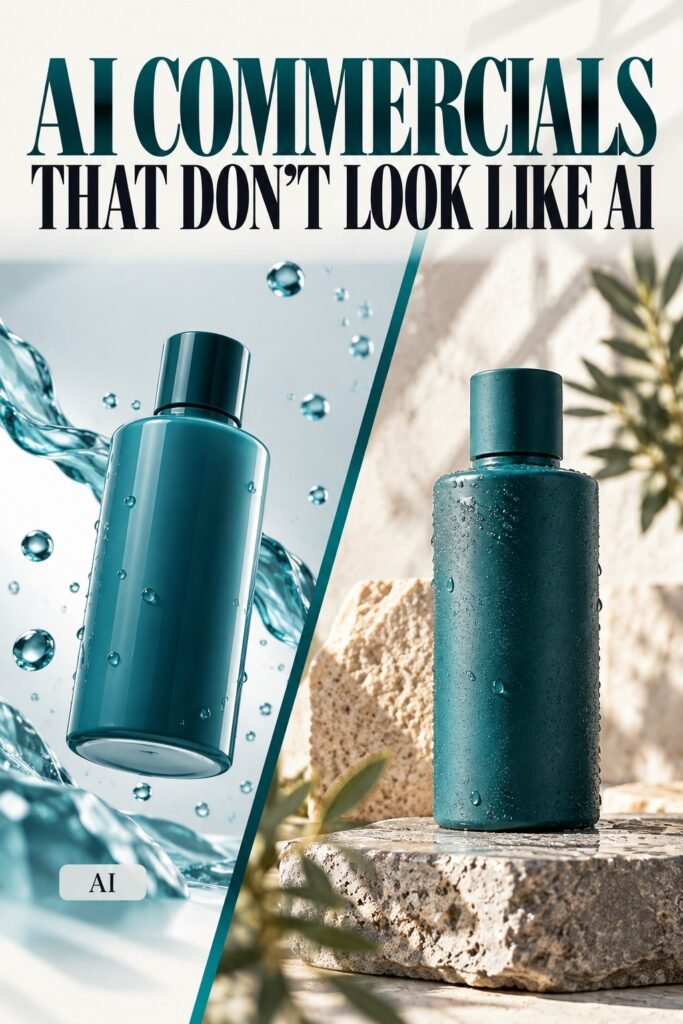 Bright split-comparison cover for AI Commercials That Don't Look Like AI — plasticky AI render versus tactile real product shot.