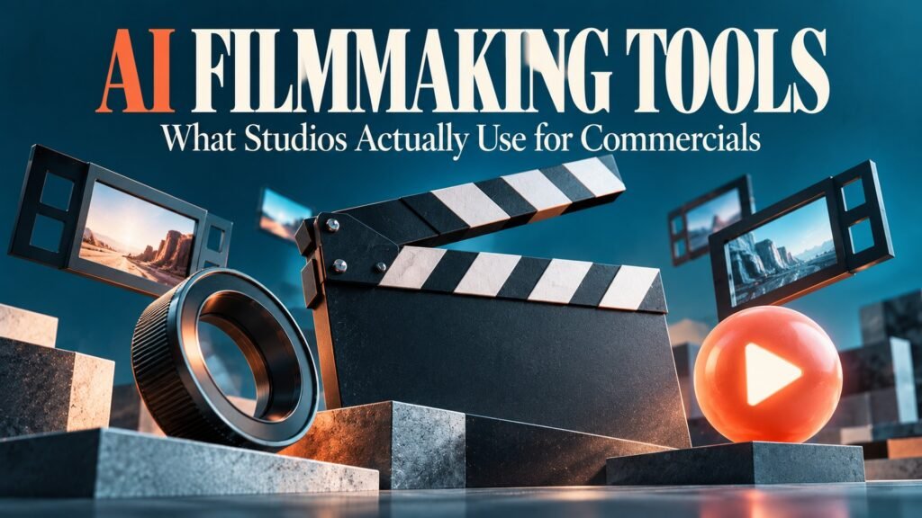 3D editorial cover illustration for an article on AI filmmaking tools for commercials: a giant clapperboard, film frames, a lens ring and a glowing play button on a deep teal background