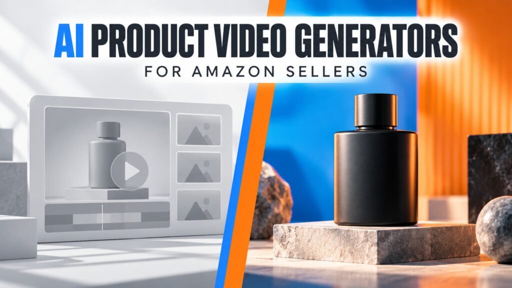 Editorial cover illustration comparing generic AI product video generator templates with a real studio product film, for the article AI Product Video Generators for Amazon Sellers
