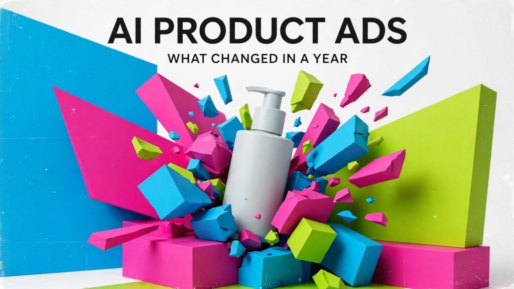 AI product ads cover: an unlabeled product bottle bursting through bold cyan, magenta and lime 3D colour blocks on a bright studio background