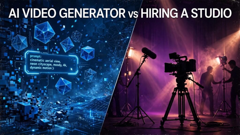 Split editorial illustration comparing an AI video generator prompt interface with a real film studio set with camera and crew silhouettes