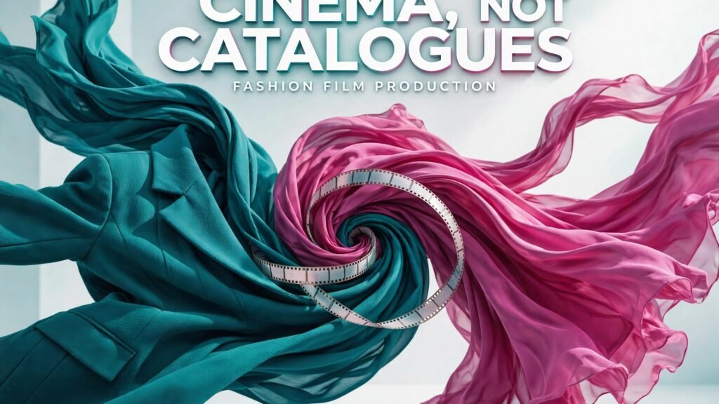 Bold teal and magenta flowing fabric swirling like a cinema screen, headline Cinema, Not Catalogues