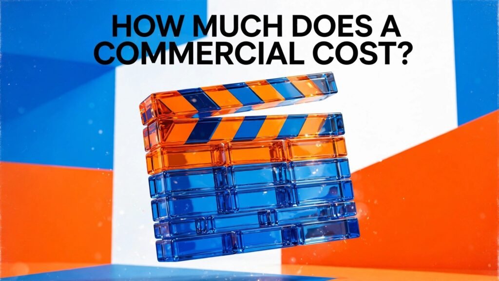 Bold 3D glass clapperboard in cobalt blue and electric orange, cover art for the Screenix 360 article How Much Does a Commercial Cost
