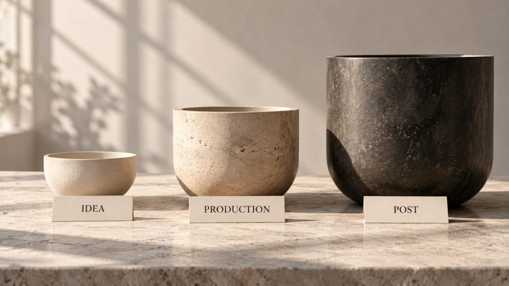 Three vessels labelled Idea, Production and Post — the three buckets that make up the cost of a product video