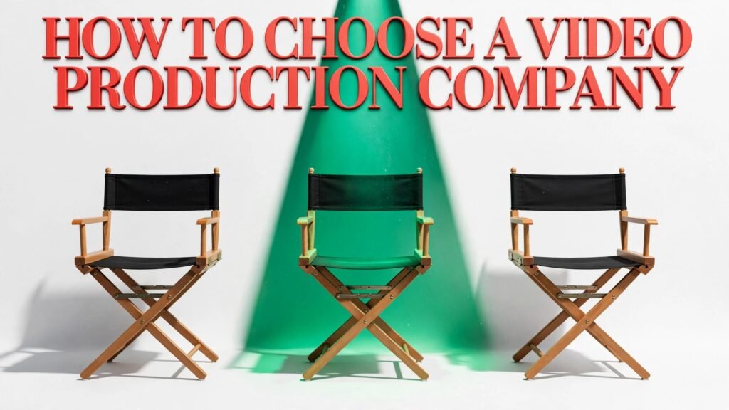 Three director's chairs in a bright white studio with an emerald spotlight on the middle one, an editorial illustration about how to choose a video production company