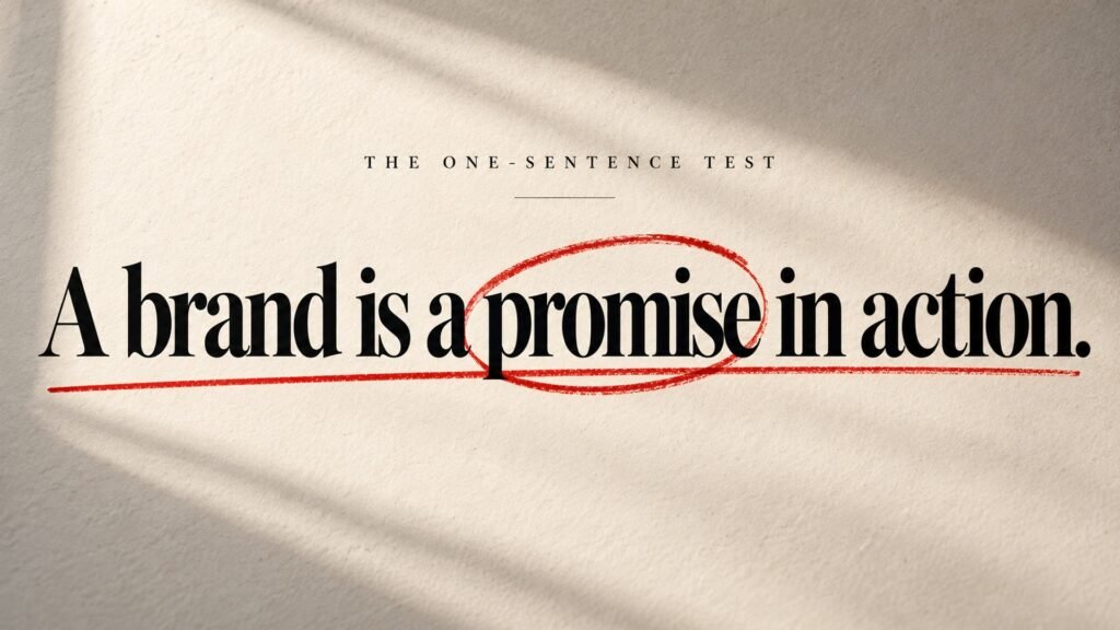 The one-sentence test for brand storytelling — a brand is a promise in action, marked up like an editor's proof