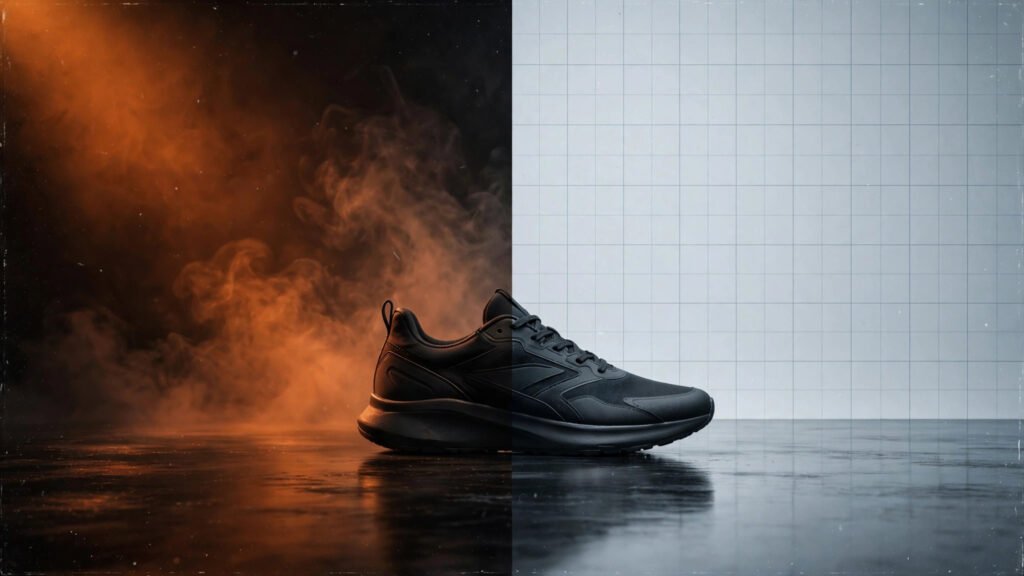 Split editorial cover: a sneaker silhouette half in warm oxide-orange cinematic spotlight with haze, half in cold clinical studio light with a measurement grid, illustrating product films versus product videos.