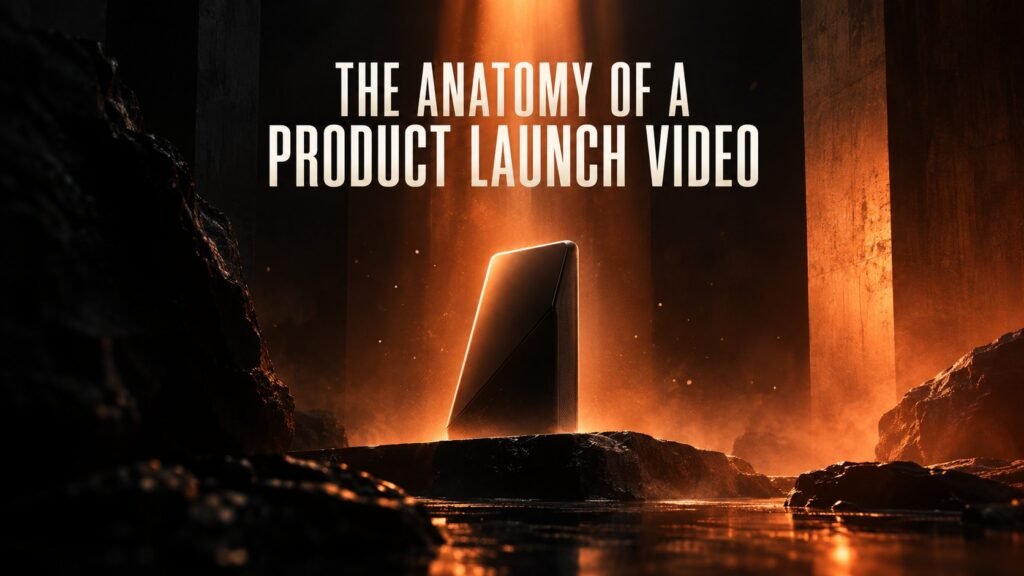 Cinematic product reveal key art for The Anatomy of a Product Launch Video — a device emerging from darkness into oxide-orange light.