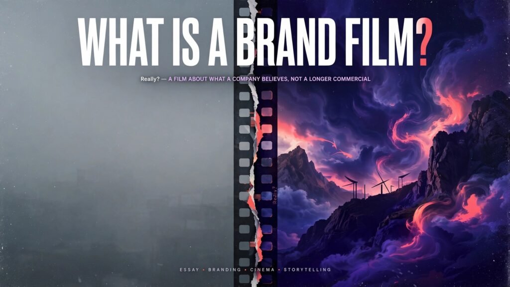 Editorial cover image: a torn film strip splitting a dull gray frame from a vivid indigo and coral cinematic frame, with the headline "What is a brand film?"