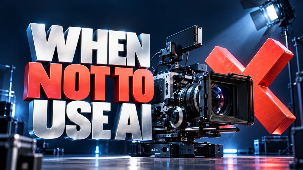 Bold 3D-style landscape cover for When Not to Use AI Video Production — chrome 3D typography and a giant red X over a cinema camera in a navy studio.