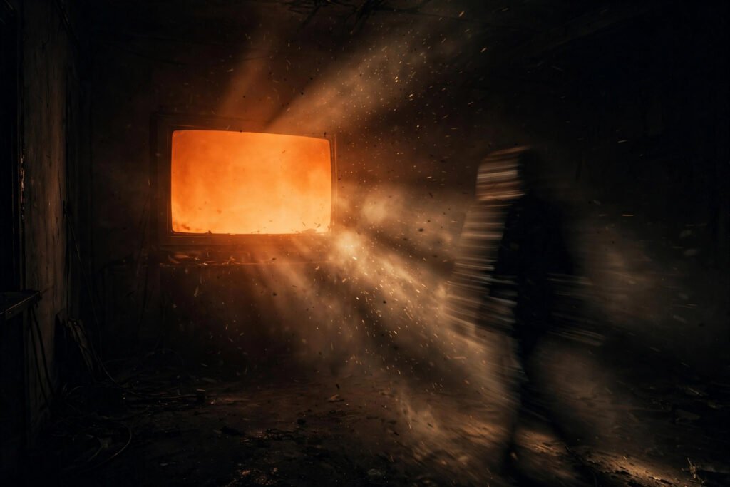 Viewer walking away from a glowing television screen in a dark room